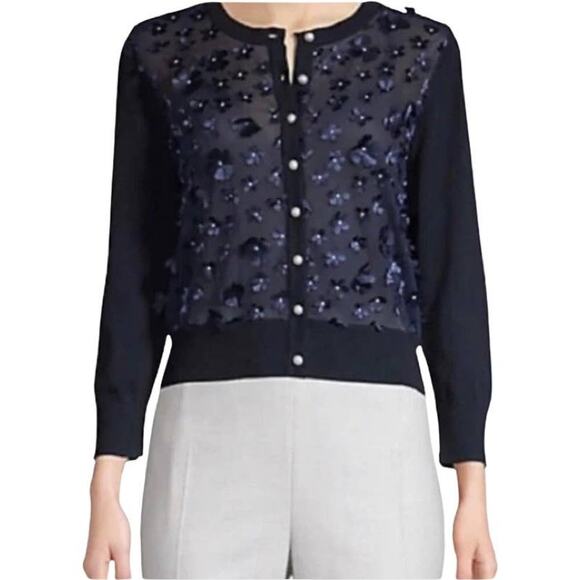 Karl Lagerfeld Paris Floral Cotton Mesh buttoned cardigan. - Picture 1 of 7